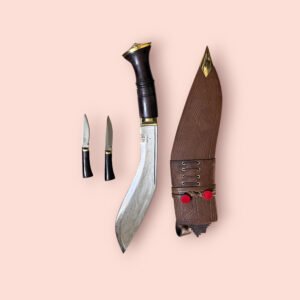 10.5 inch high carbon steel kukri with a wooden handle and a traditional sheath in brown color and Karda and Chakmak by himalayan blades