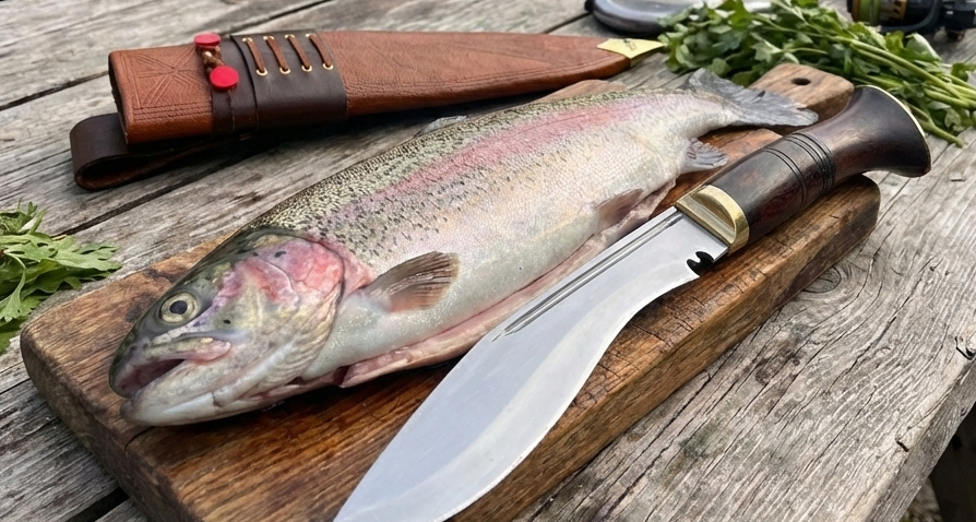 Kukri Knife cutting fish while camping