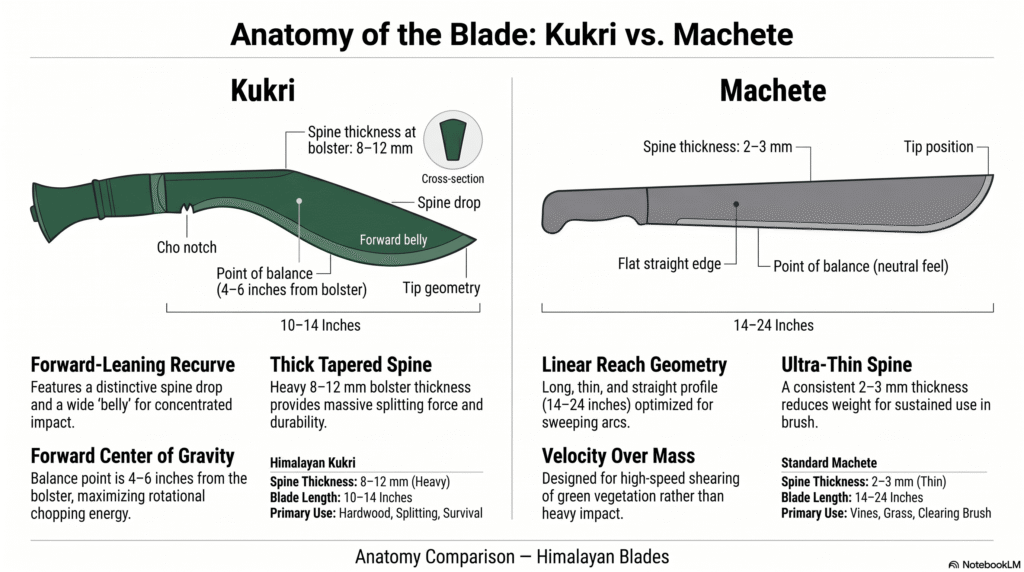 Kukri knife vs machete blade anatomy infographic: labeled diagram comparing kukri cho notch, forward belly, 8–12 mm spine, and forward balance point against machete 2–3 mm spine, flat straight edge, and neutral balance. Blade geometry and measurement analysis by Himalayan Blades.