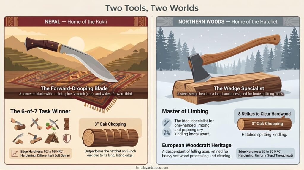 kukri knife vs hatchet axe history and geography comparison. The kukri were produced in nepal and hatchet axe was mainly produced in northern woods and many other parts of the world with different designs and shapes.