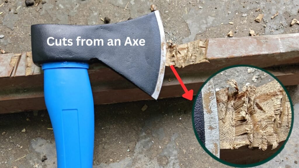 when we do V shape chopping using the axe, the results shows that  cuts were not clean, the fibers of the woods looked like streched.