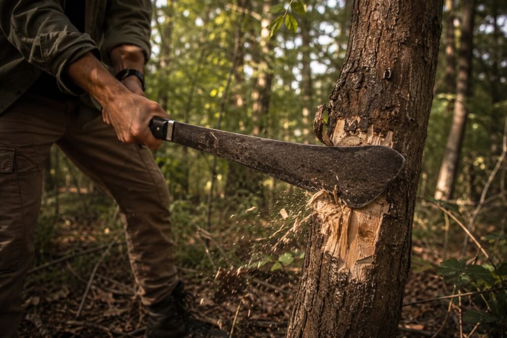 a bolo machete chopping a tree for test