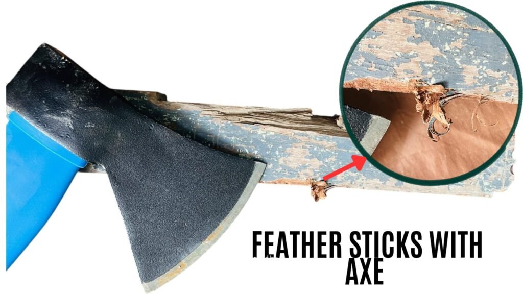 this photo shows that axe had made poor feather stick becuase of its thicker edge which is good spiltting wood but not good for carving in comparison to kukri. 