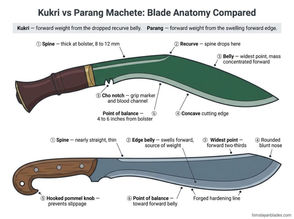 kukri knife and parang machete anatomy for detailed comparison in their design.