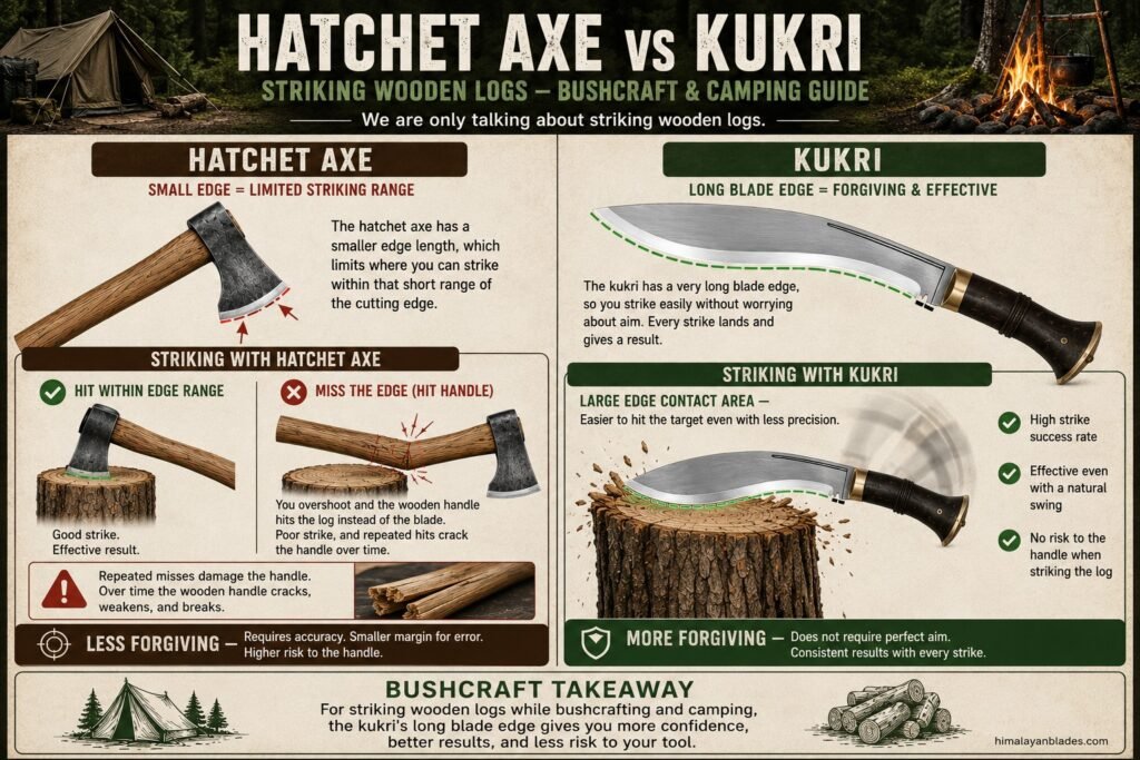 kukri vs hatchet axe, this image shows the cutting effects and manners for both blades, the kukri has a bigger and blade edge which means the user can easily strike with blade without worrying 