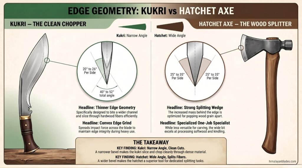 this image shows edge geometery difference between axe and kukri knife