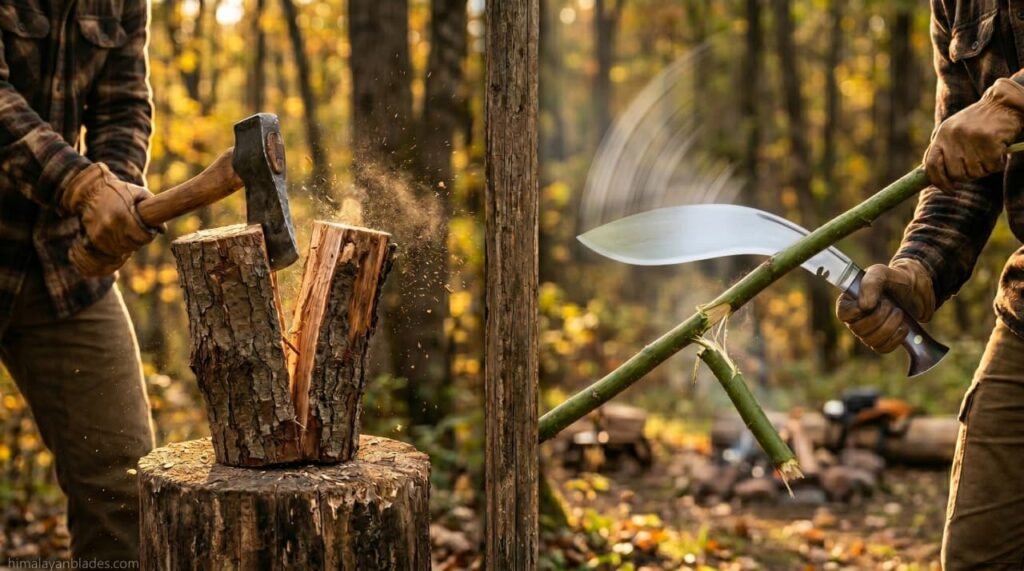 this image shows a kukri slicing and cutting small bushes and woods and axe hatchet for wood splitting