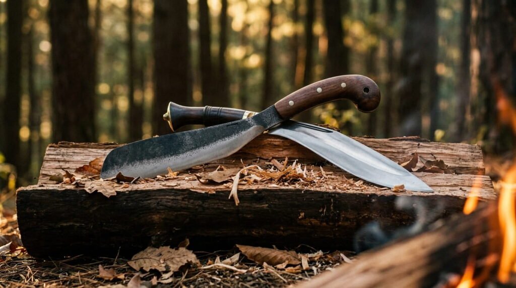 kukri vs parang machete placed next to each other for detailed comparison by himalayanblades.com